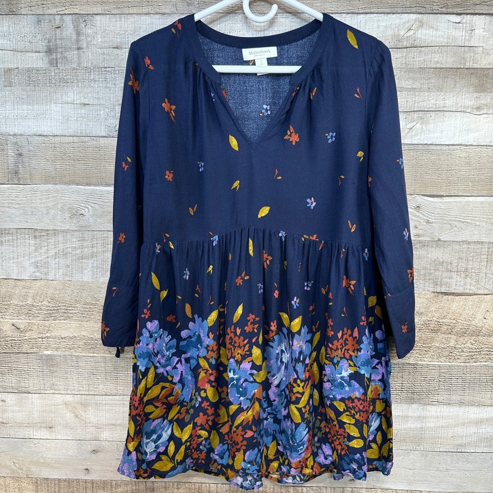 Motherhood Maternity‎ Navy Blue Floral V-Neck Tunic Top 3/4 Sleeve Peasant Small